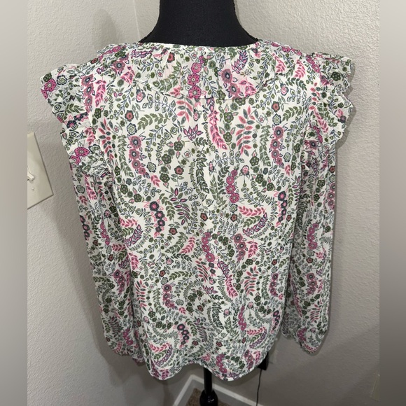 LOFT Pink and Green Petite Floral Scalloped Ruffle Cottagecore Blouse- Large - Picture 6 of 8